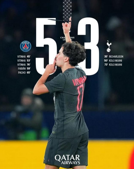 维蒂尼亚戴帽穆阿尼双响 巴黎 5-3 热刺迎进球大战