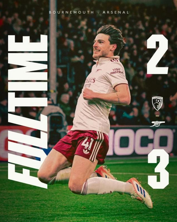 赖斯双响 枪手 3-2 伯恩茅斯领跑